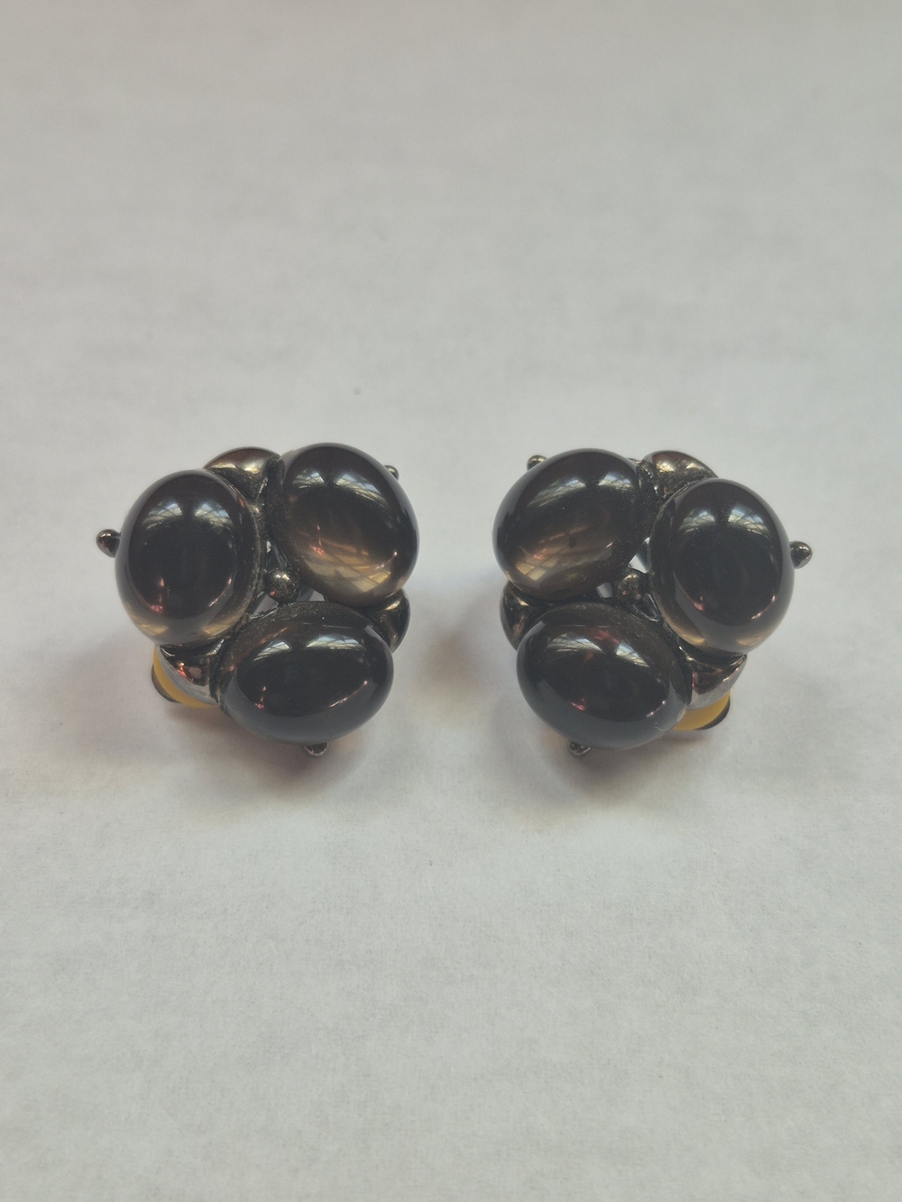Vintage smoky grey cabochon moonstone cluster clip-on earrings